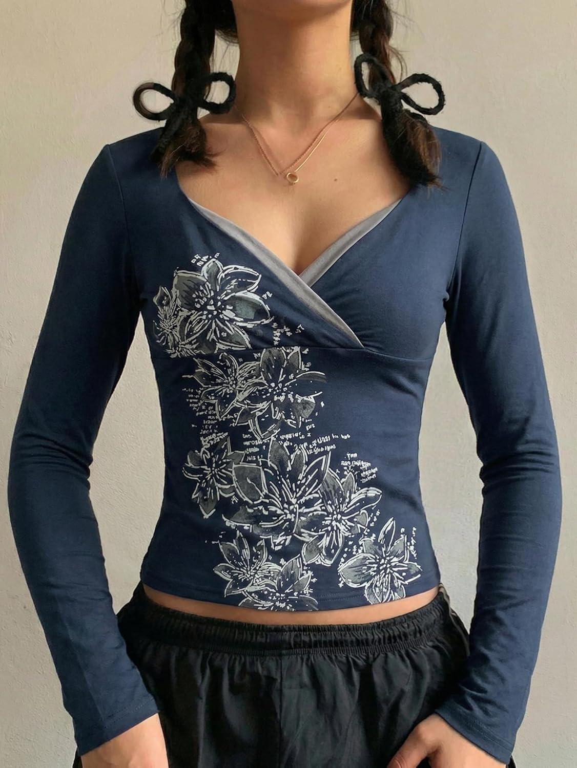 image:imageEMMIOL Y2k Fairy Grunge Short Sleeve Shirts For Women Vintage Floral Print Graphic V Neck Crop Tops Emo Gothic Clothes318navy Blue