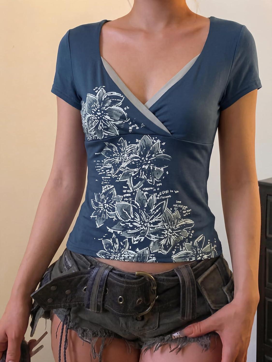 image:imageEMMIOL Y2k Fairy Grunge Short Sleeve Shirts For Women Vintage Floral Print Graphic V Neck Crop Tops Emo Gothic ClothesNavy Blue
