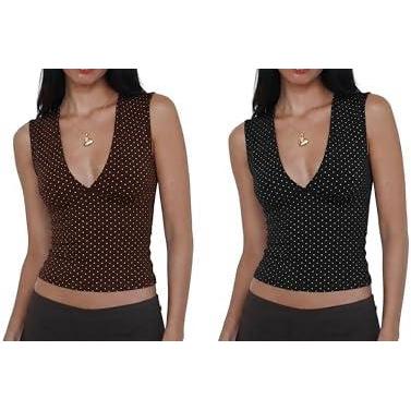image:image2 Pack M Womens Deep V Neck Sleeveless Crop Tops Stretchy Going Out Summer Tank Tops Brown amp Black Polka Dots