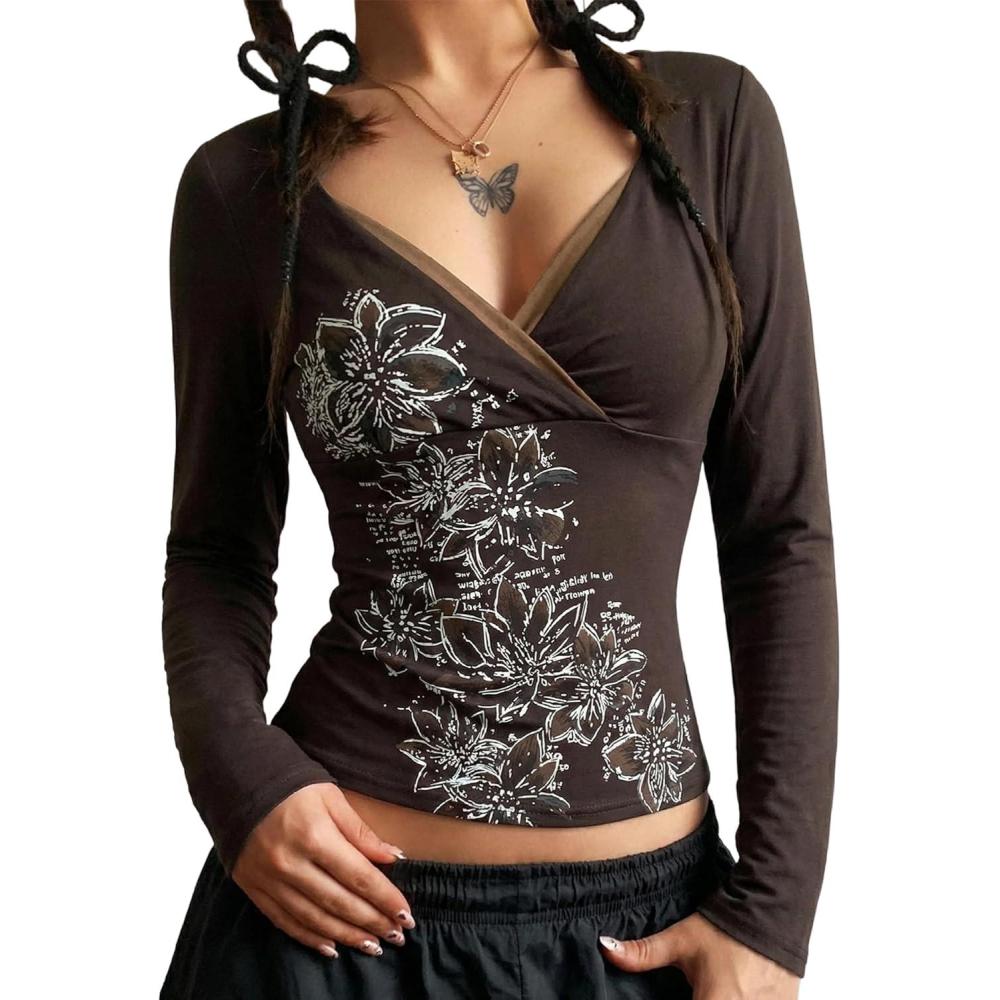 image:imageEMMIOL Y2k Fairy Grunge Short Sleeve Shirts For Women Vintage Floral Print Graphic V Neck Crop Tops Emo Gothic Clothes318dark Brown