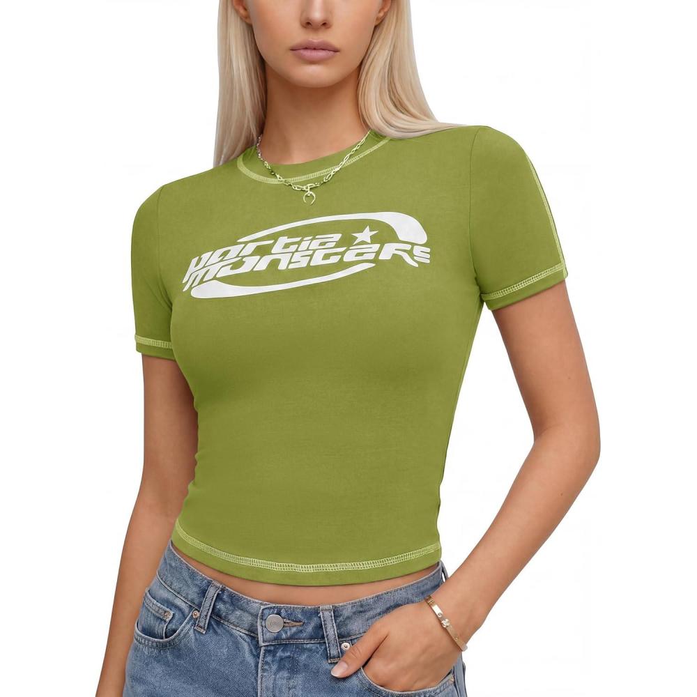 image:imageEMMIOL Y2k Fairy Grunge Short Sleeve Shirts For Women Vintage Floral Print Graphic V Neck Crop Tops Emo Gothic ClothesGreen