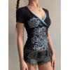 EMMIOL Y2k Fairy Grunge Short Sleeve Shirts For Women – Vintage Floral Print Graphic V Neck Crop Tops Emo Gothic Clothes(164-black)