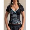 EMMIOL Y2k Fairy Grunge Short Sleeve Shirts For Women – Vintage Floral Print Graphic V Neck Crop Tops Emo Gothic Clothes(164-black)