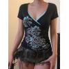 EMMIOL Y2k Fairy Grunge Short Sleeve Shirts For Women – Vintage Floral Print Graphic V Neck Crop Tops Emo Gothic Clothes(164-black)