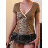 EMMIOL Y2k Fairy Grunge Short Sleeve Shirts For Women – Vintage Floral Print Graphic V Neck Crop Tops Emo Gothic Clothes(164-brown)