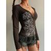 EMMIOL Y2k Fairy Grunge Short Sleeve Shirts For Women – Vintage Floral Print Graphic V Neck Crop Tops Emo Gothic Clothes(318-dark Brown)
