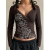 EMMIOL Y2k Fairy Grunge Short Sleeve Shirts For Women – Vintage Floral Print Graphic V Neck Crop Tops Emo Gothic Clothes(318-dark Brown)