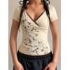 EMMIOL Y2k Fairy Grunge Short Sleeve Shirts For Women – Vintage Floral Print Graphic V Neck Crop Tops Emo Gothic Clothes(Apricot)