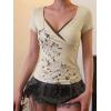 EMMIOL Y2k Fairy Grunge Short Sleeve Shirts For Women – Vintage Floral Print Graphic V Neck Crop Tops Emo Gothic Clothes(Apricot)