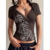 EMMIOL Y2k Fairy Grunge Short Sleeve Shirts For Women – Vintage Floral Print Graphic V Neck Crop Tops Emo Gothic Clothes(Dark Brown)