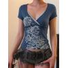 EMMIOL Y2k Fairy Grunge Short Sleeve Shirts For Women – Vintage Floral Print Graphic V Neck Crop Tops Emo Gothic Clothes(Navy Blue)