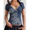 EMMIOL Y2k Fairy Grunge Short Sleeve Shirts For Women – Vintage Floral Print Graphic V Neck Crop Tops Emo Gothic Clothes(Navy Blue)