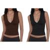 2 Pack L Women’s Deep V Neck Sleeveless Crop Tops – Stretchy Going Out Summer Tank Tops (Brown & Black Polka Dots)