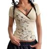 EMMIOL Y2k Fairy Grunge Short Sleeve Shirts For Women – Vintage Floral Print Graphic V Neck Crop Tops Emo Gothic Clothes(Apricot)