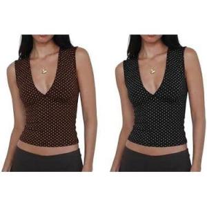2 Pack M Women’s Deep V Neck Sleeveless Crop Tops – Stretchy Going Out Summer Tank Tops (Brown & Black Polka Dots)