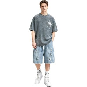 EMMIOL Baggy Jean Shorts Men+Mens Y2k Baggy Shirts Graphic Tees Oversized Comfy Casual Streetwear Summer