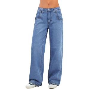 EMMIOL Baggy Straight Leg Jeans Women, Mid-High Rise Denim Pants, Y2K Vintage Distressed Stretchy Loose Fit with Large Pocket，Boyfriend Wide Leg Trousers Casual, Sky Blue
