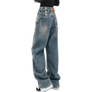 EMMIOL Women Baggy Jeans Mid-Low Waist Boyfriend Streetwear Vintage Jeans Wide Leg Denim Pants Blue,XS