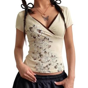 EMMIOL Y2k Fairy Grunge Short Sleeve Shirts For Women – Vintage Floral Print Graphic V Neck Crop Tops Emo Gothic Clothes(Apricot)