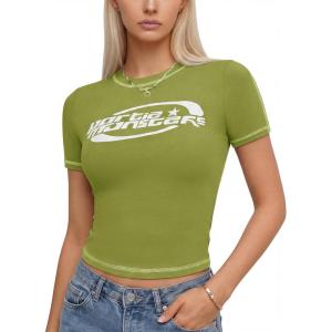 EMMIOL Y2k Fairy Grunge Short Sleeve Shirts For Women – Vintage Floral Print Graphic V Neck Crop Tops Emo Gothic Clothes(Green)
