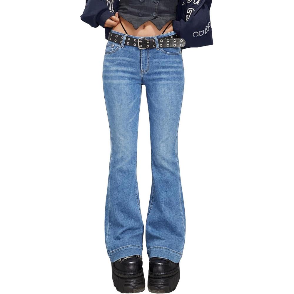 image:imageWomen Bell Bottom Jeans Lace Up Bow Stretch Flare Denim Pants Cute Y2k Vintage JeansAmid Blue