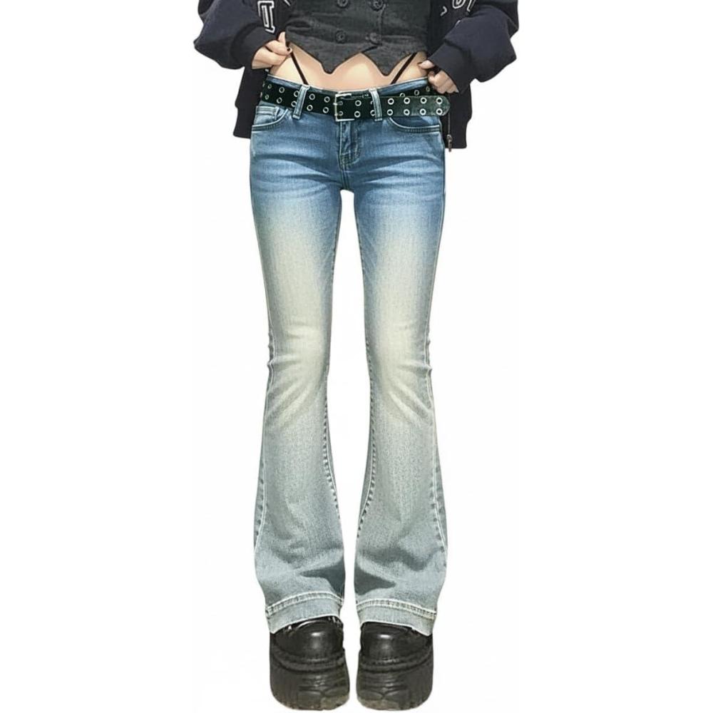 image:imageWomen Bell Bottom Jeans Lace Up Bow Stretch Flare Denim Pants Cute Y2k Vintage JeansAsky Blue Fade