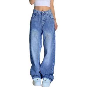 EMMIOL Baggy Jeans for Women Mid-Low Waist Streetwear Jeans Wide Leg Denim Pants Mid Blue,XS