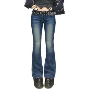 Women Bell Bottom Jeans Lace Up Bow Stretch Flare Denim Pants Cute Y2k Vintage Jeans(A-dark Washed Blue)