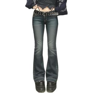 Women Bell Bottom Jeans Lace Up Bow Stretch Flare Denim Pants Cute Y2k Vintage Jeans(A-deep Blue)
