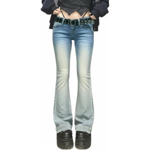 Women Bell Bottom Jeans Lace Up Bow Stretch Flare Denim Pants Cute Y2k Vintage Jeans(A-sky Blue Fade)