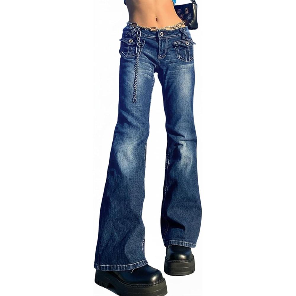 image:imageWomen Bell Bottom Jeans Lace Up Bow Stretch Flare Denim Pants Cute Y2k Vintage JeansZblue