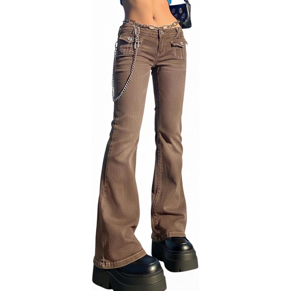 image:imageWomen Bell Bottom Jeans Lace Up Bow Stretch Flare Denim Pants Cute Y2k Vintage JeansZbrown