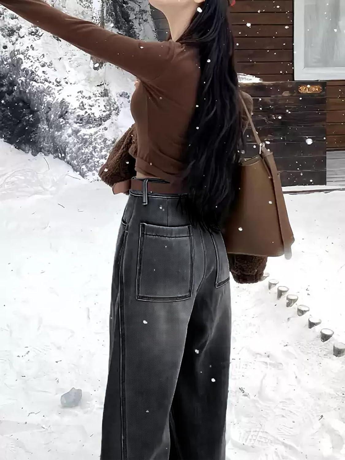 image:imageEMMIOL Fleece Lined Jeans Women Baggy Wide Leg Denim Pants Winter Warm Loose Fit Flannel Lining Y2K Boyfriend Womens Black