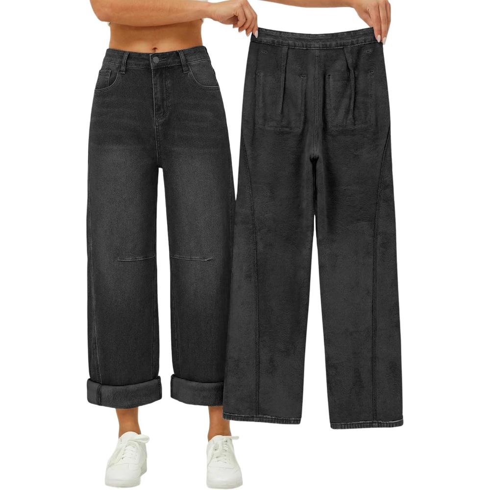 image:imageEMMIOL Fleece Lined Jeans Women Baggy Wide Leg Denim Pants Winter Warm Loose Fit Flannel Lining Y2K Boyfriend Womens Black