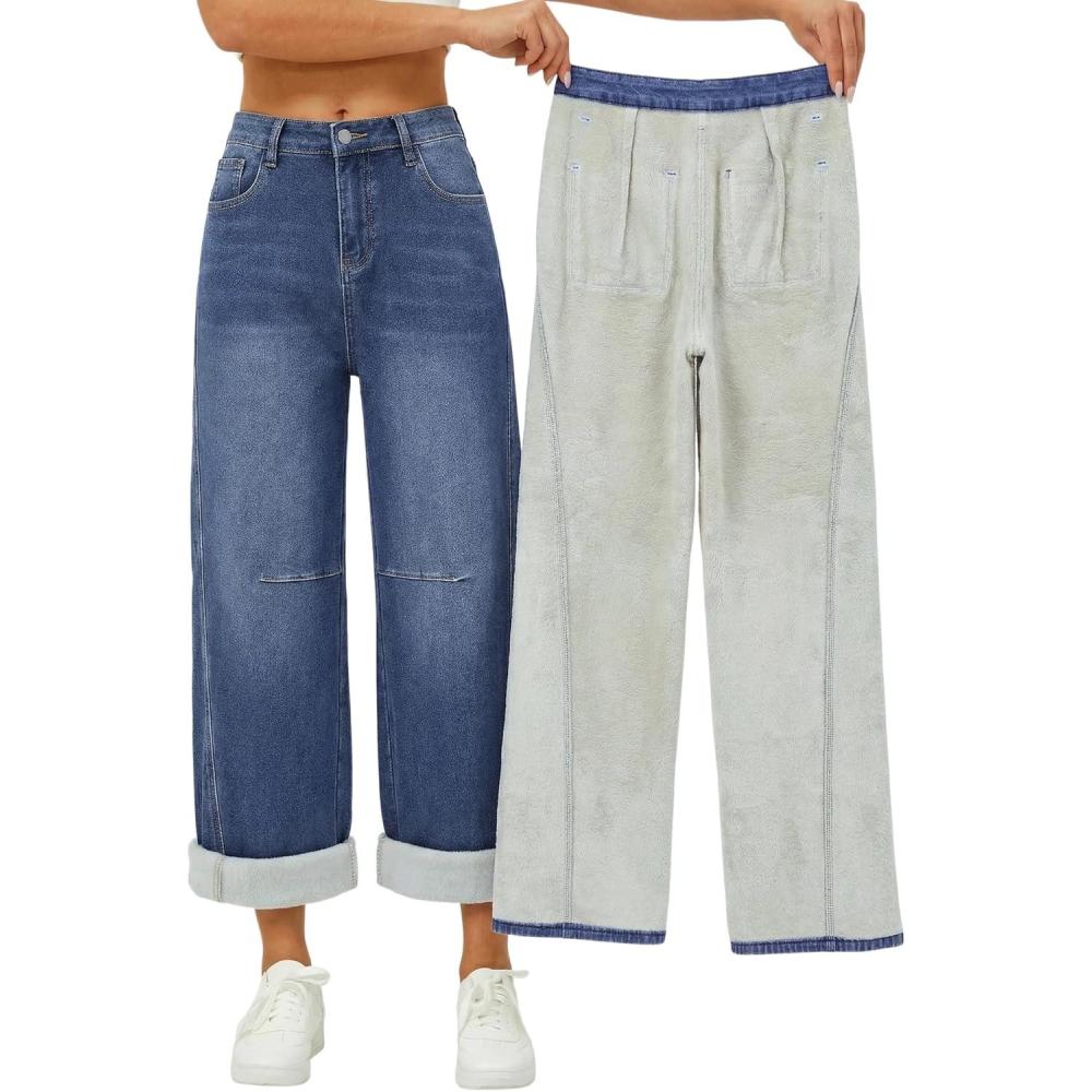image:imageEMMIOL Fleece Lined Jeans Women Baggy Wide Leg Denim Pants Winter Warm Loose Fit Flannel Lining Y2K Boyfriend Womens Blue