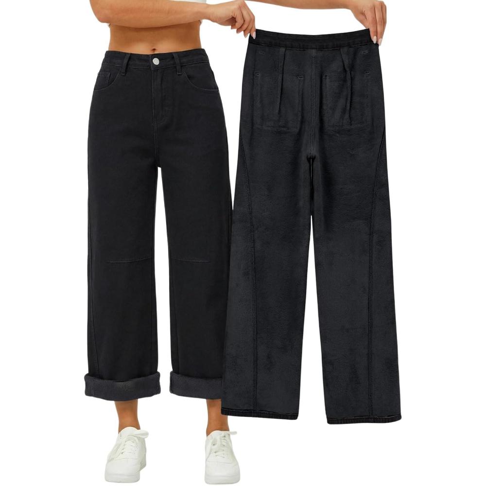 image:imageEMMIOL Fleece Lined Jeans Women Baggy Wide Leg Denim Pants Winter Warm Loose Fit Flannel Lining Y2K Boyfriend Womens Dark Black