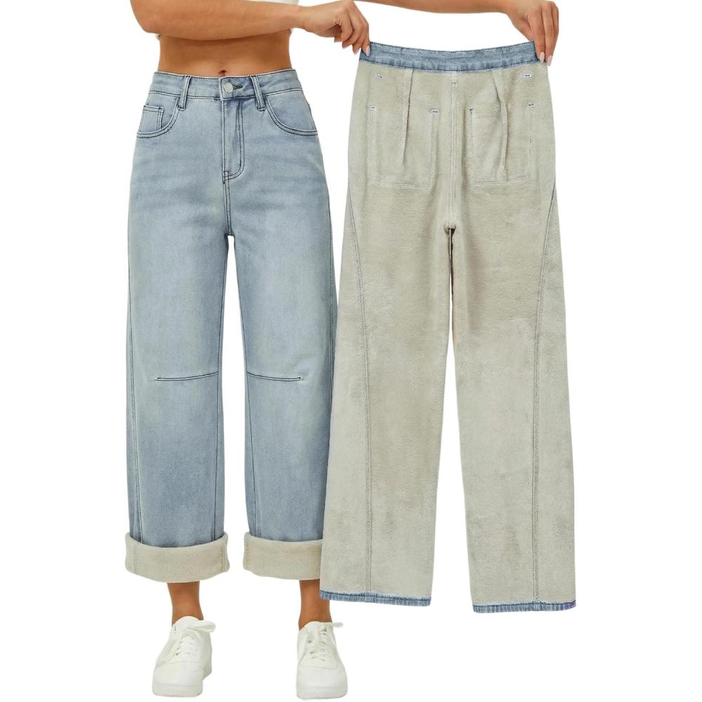 image:imageEMMIOL Fleece Lined Jeans Women Baggy Wide Leg Denim Pants Winter Warm Loose Fit Flannel Lining Y2K Boyfriend Womens Light Blue