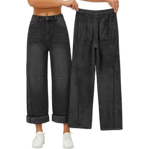 EMMIOL Fleece Lined Jeans Women Baggy, Wide Leg Denim Pants Winter Warm Loose Fit Flannel Lining Y2K Boyfriend Womens Black