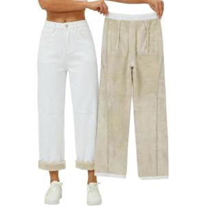 EMMIOL Fleece Lined Jeans Women Baggy, Wide Leg Denim Pants Winter Warm Loose Fit Flannel Lining Y2K Boyfriend Womens White