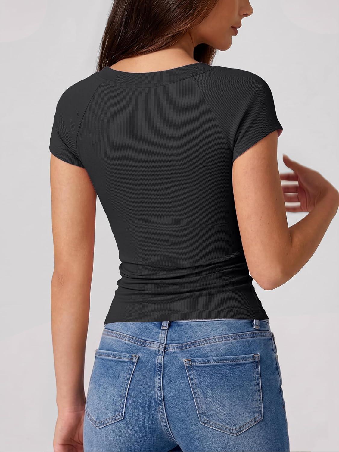 image:imageEMMIOL V Neck T Shirts for Women Short Sleeve Slim FitBlack