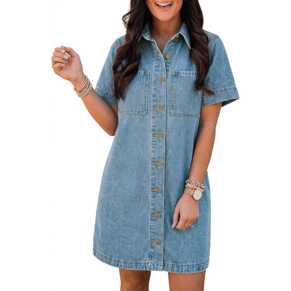 image:imageEMMIOL Button Down Denim Dress for Women Short Sleeve Babydoll Mini Jean Shirt Dresses Summer Casual Trendy Outfits Sky Blue XS