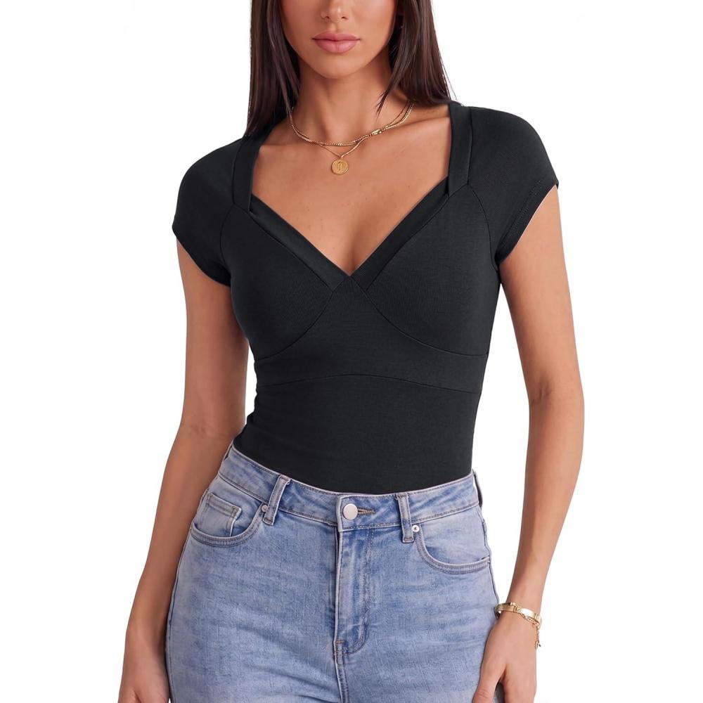 image:imageEMMIOL V Neck T Shirts for Women Short Sleeve Slim FitBlack