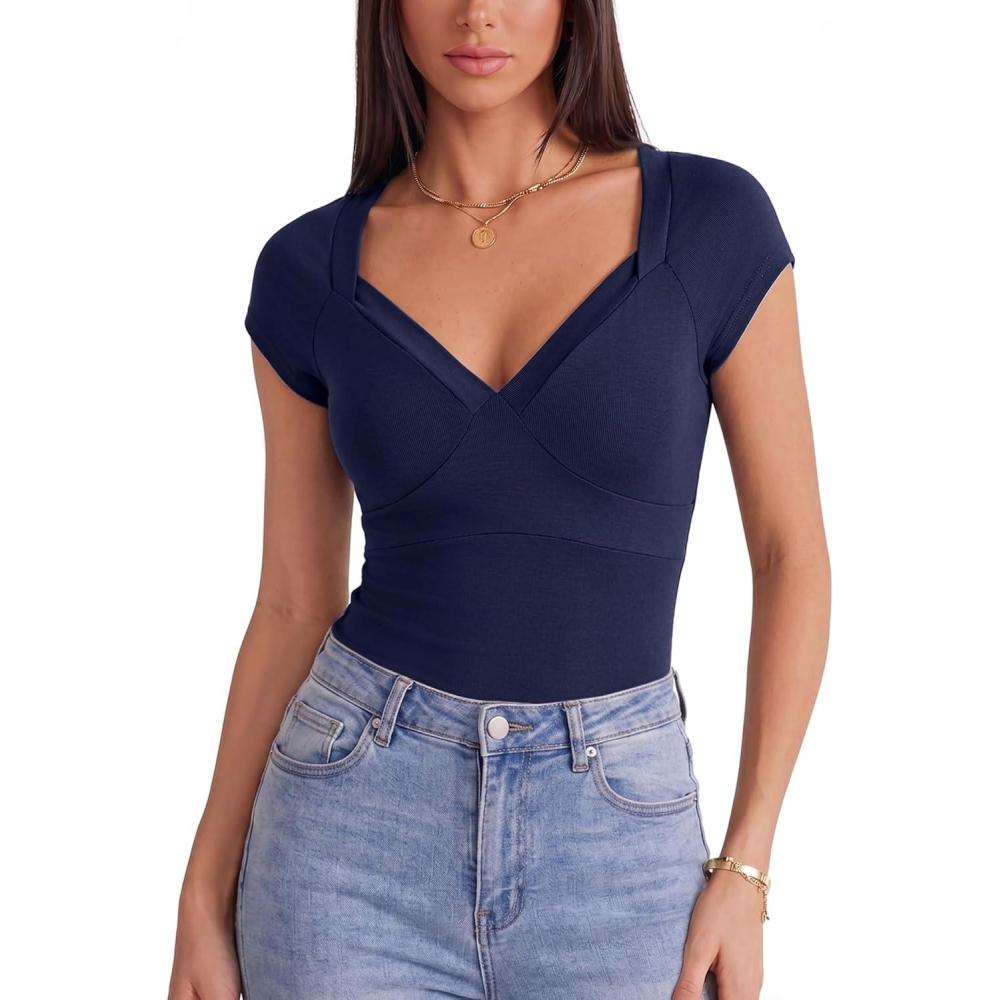 image:imageEMMIOL V Neck T Shirts for Women Short Sleeve Slim FitDark Blue