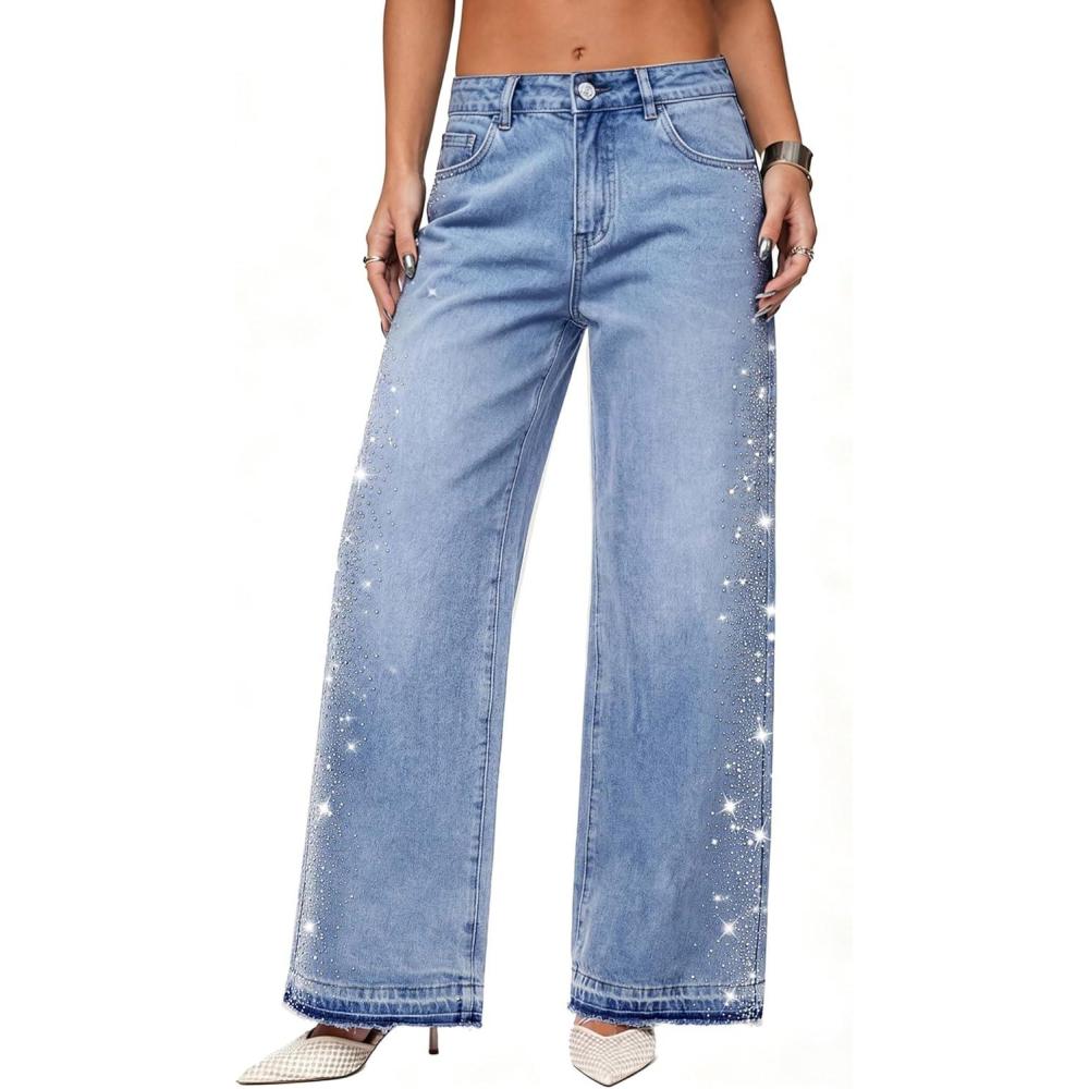 image:imageEMMIOL Wide Leg Jeans for Women High Waisted Baggy Rhinestone Jeans with Bling Glitter Sparkly Straight Leg Denim PantsBlue