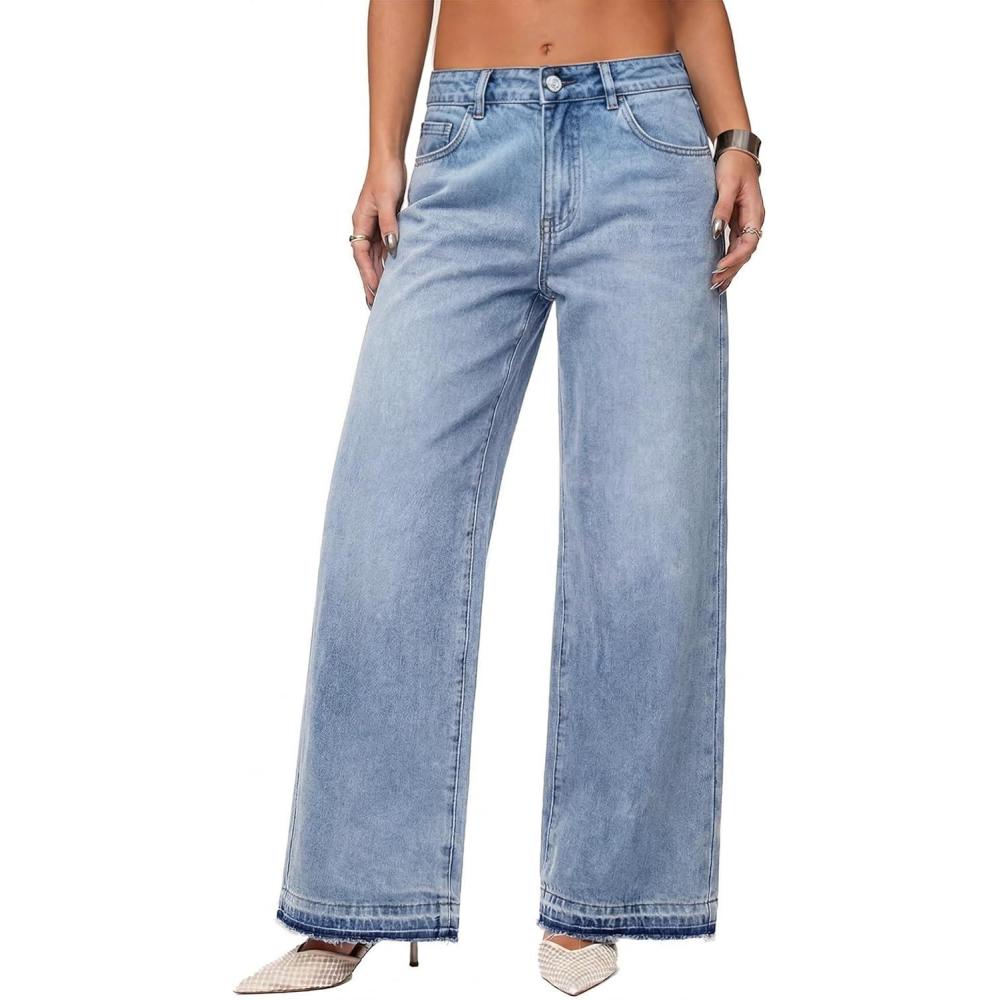 image:imageEMMIOL Wide Leg Jeans for Women High Waisted Baggy Rhinestone Jeans with Bling Glitter Sparkly Straight Leg Denim PantsBluewithout Diamonds