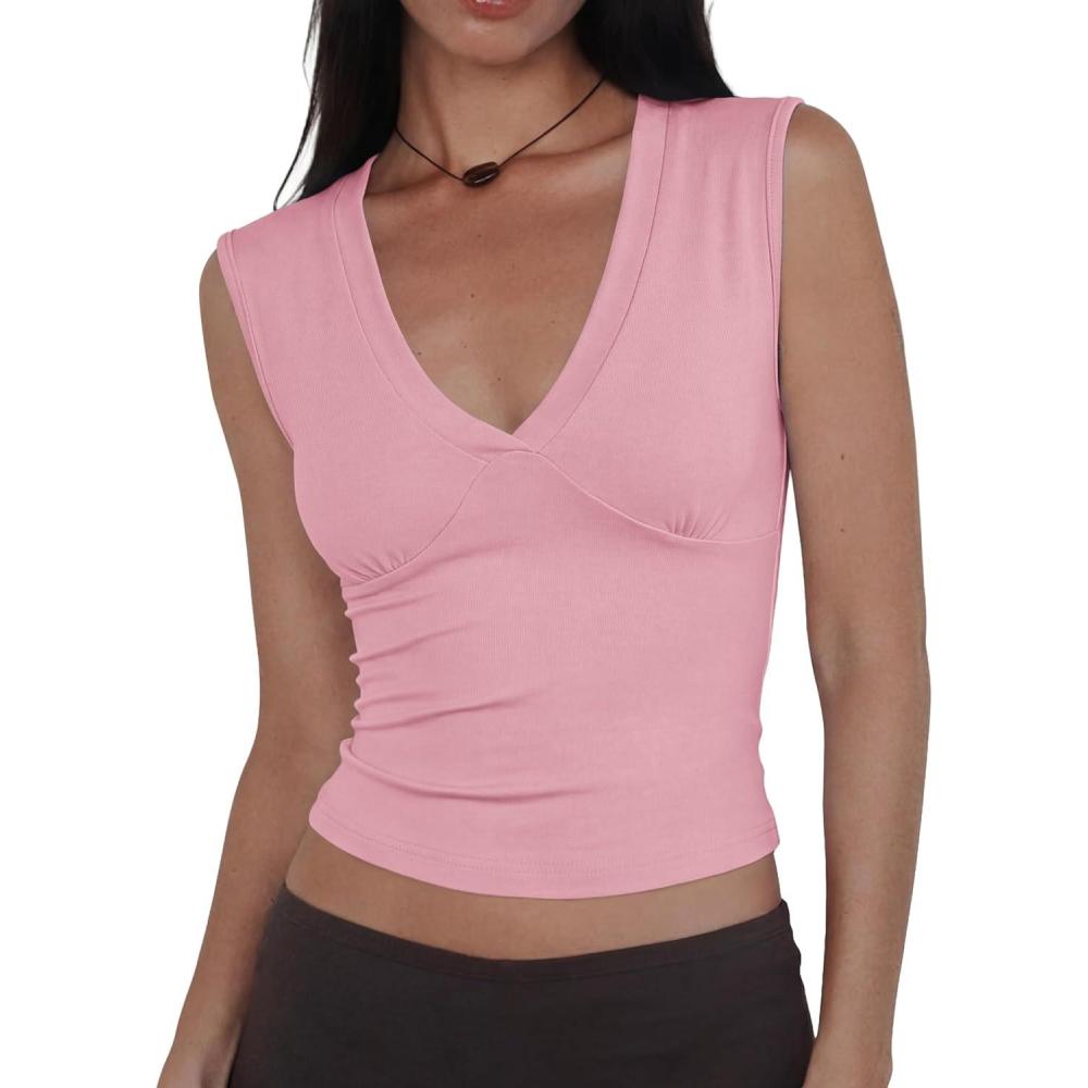 image:imageWomen Deep V Neck Tops Sexy Sleeveless Crop Top Stretchy Trendy Going Out Tank Top Cute Summer ClothesPink