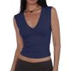 Women Deep V Neck Tops Sexy Sleeveless Crop Top Stretchy Trendy Going Out Tank Top Cute Summer Clothes(Navy Blue)