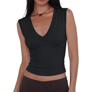 Deep V Neck Tops for Women Sexy Sleeveless Crop Top Stretchy Trendy Going Out Tank Top Cute Summer Clothes Black