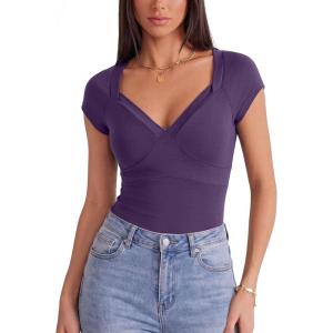 EMMIOL V Neck T Shirts for Women – Short Sleeve Slim Fit(Purple)