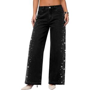 EMMIOL Wide Leg Jeans for Women High Waisted Baggy Rhinestone Jeans with Bling Glitter Sparkly Straight Leg Denim Pants(Black)